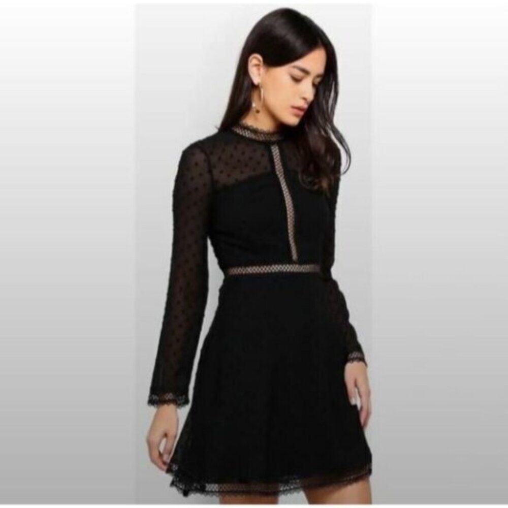 Bardot Black Jewel Neck Long Sleeve Cherie Dobby Chiffon Mini Dress SZ L